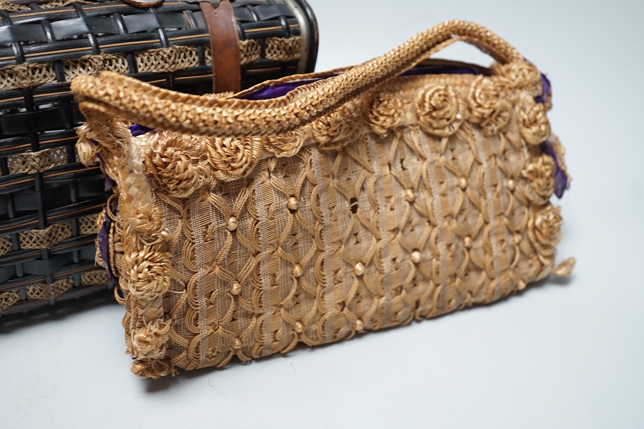 An unusual Edwardian straw and braided basket/bag, a French late 19th century basket with makers mark on metal mounts Berthelon, Macon, a small leather and velvet vanity case and contents and leather stationary case
